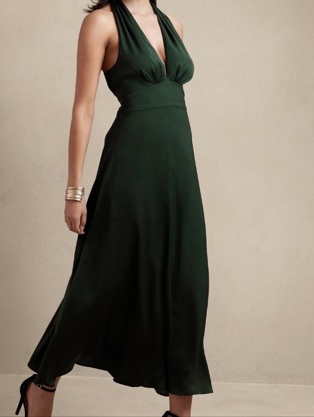 Halter Maxi Dress Hunter Green Stretch-Satin Cross-Back Size 14 Banana Republic